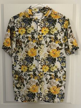 Denim & Flower Ricky Singh Floral Tropical Button Up Shirt White Yellow Size S